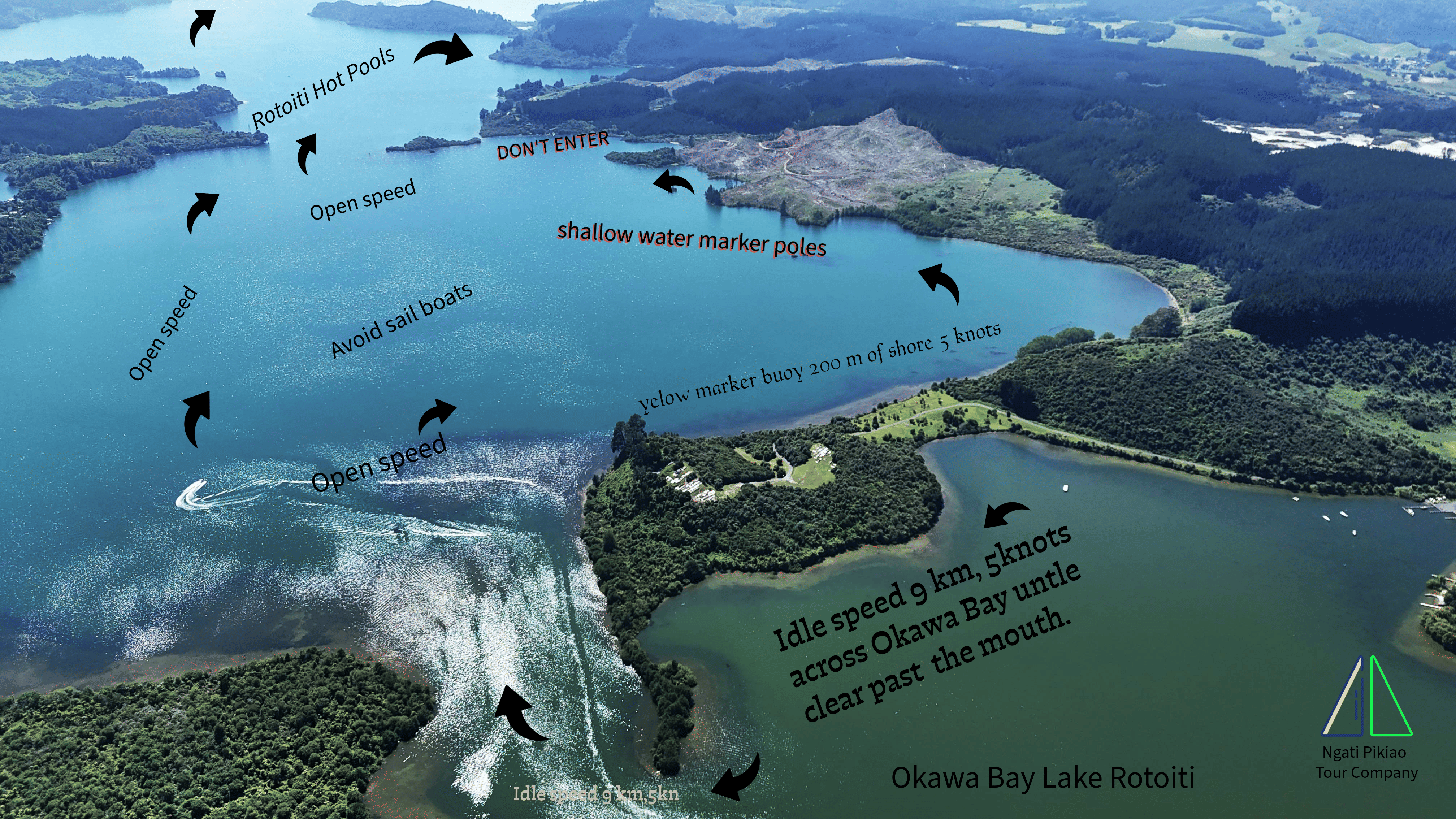 Lake shot aerial photo rotoiti with safe speed areas defined with