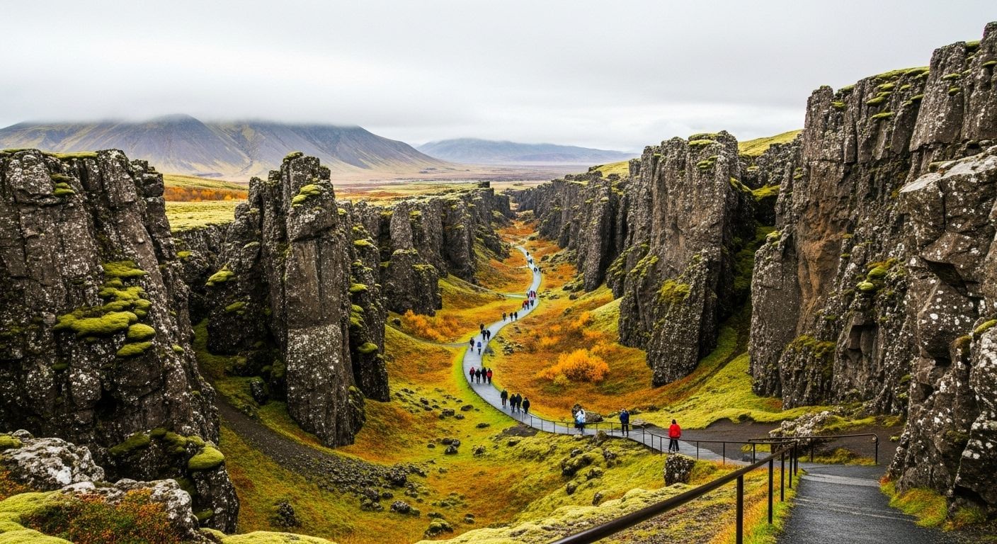 A scenic view of the rift valley at Þingvellir National Park, with a path winding between the tall, rocky cliffs.