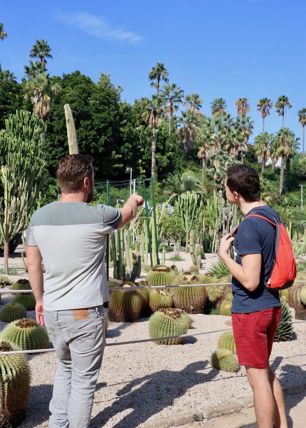 The guide is standing in front of a cactus garden and explaining the plants to the guest.