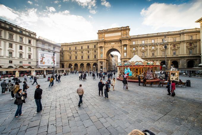 Panoramic view of Repubblica Square in the Florence city centre with its characteristic carousel