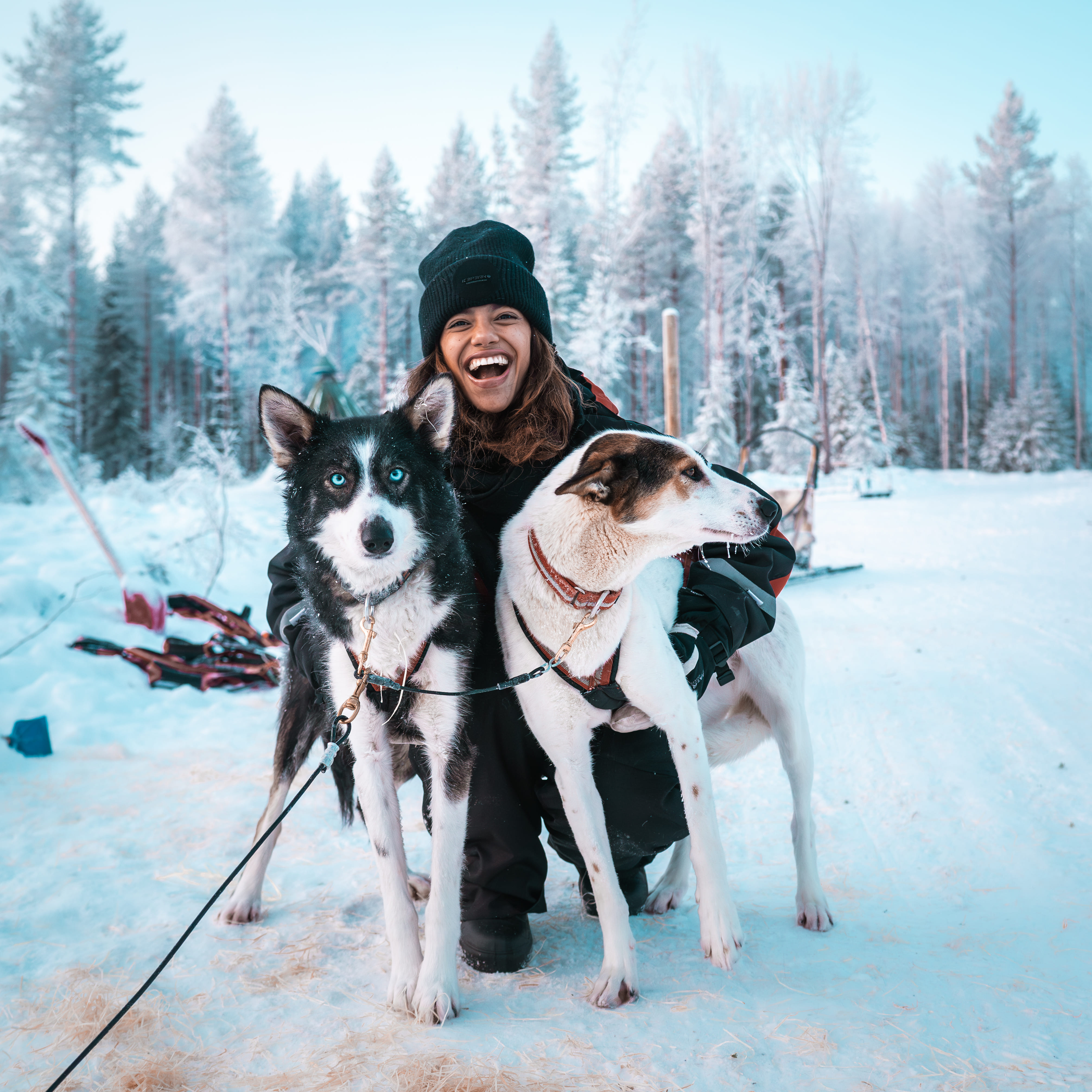 A guest smiling and riding a husky sled during StayLapland’s Kuoksa Husky & Snowmobile Adventure in Rovaniemi.