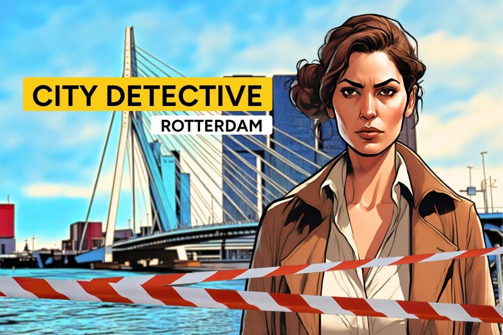 The introduction cover photo of the Rotterdam Scavenger Hunt City Detective by Qugato. Game character Camila introduces herself.