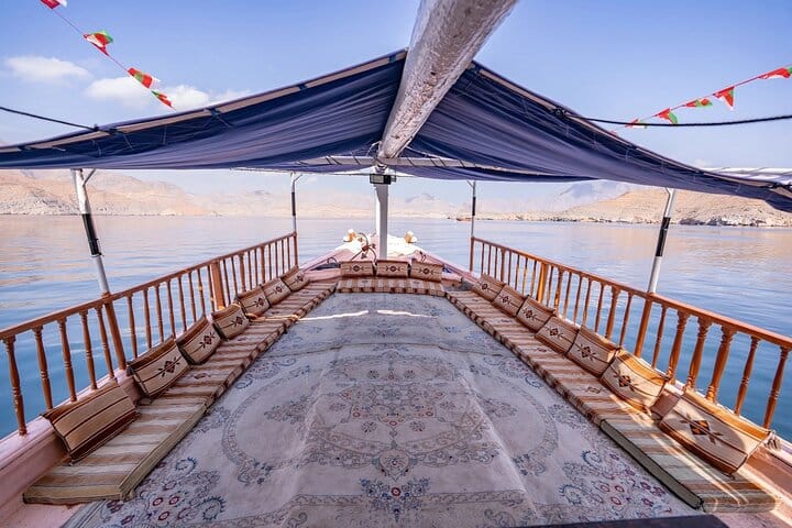 Relax in traditional comfort with plush carpets and cushions on the deck of our Dhow as you sail through the magnificent Musandam Khasab fjords!
