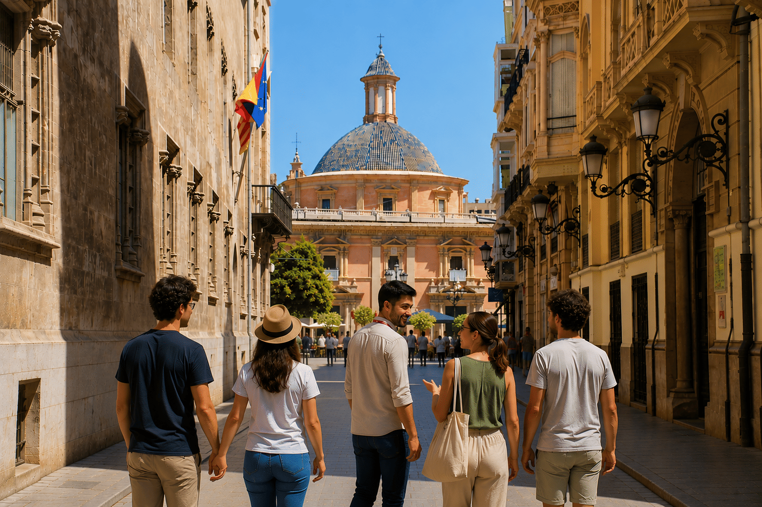 Small group walking with a guide through the historic center of Valencia near the Church of Saint Nicholas
