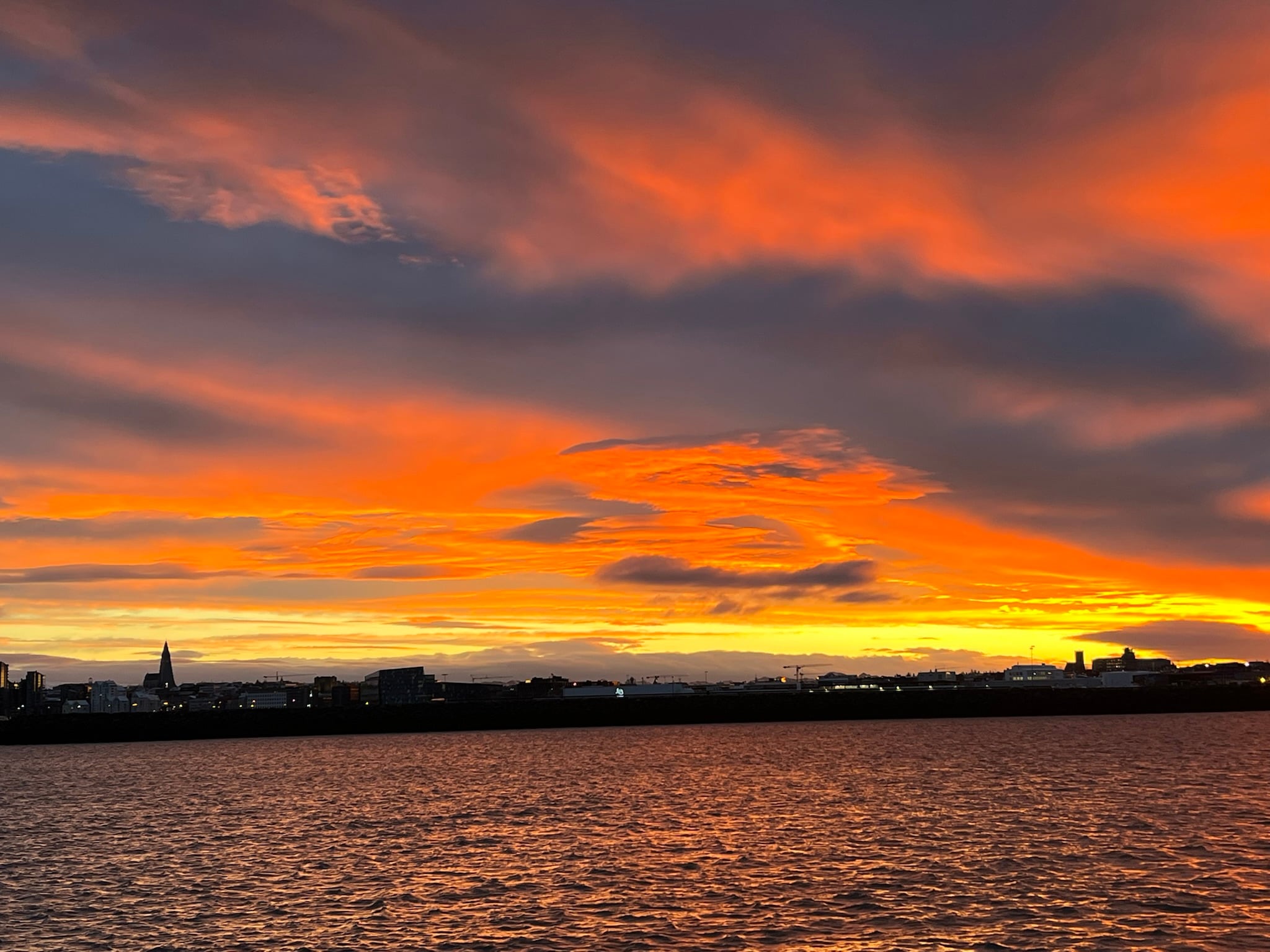 Colorful sunset above the ocean during a whale watching tour in Iceland