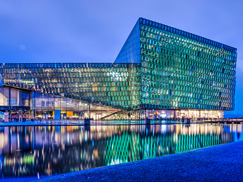 The Harpa Concert Hall in the dark with it´s LED´s turned on.
