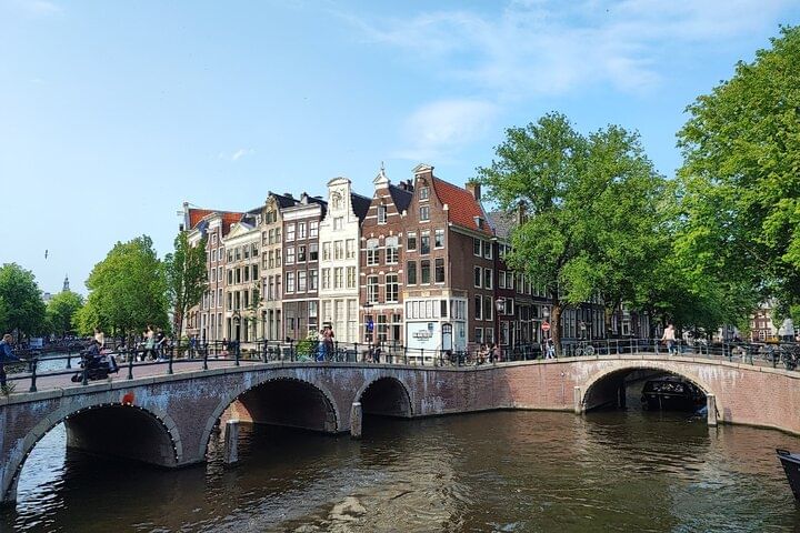 Canal view of Amsterdam with bridges and canal houses