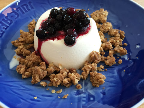 Dessert at Salt Eldhus cookery school! Made from Skyr, with crumble and wild bilberry sauce.
