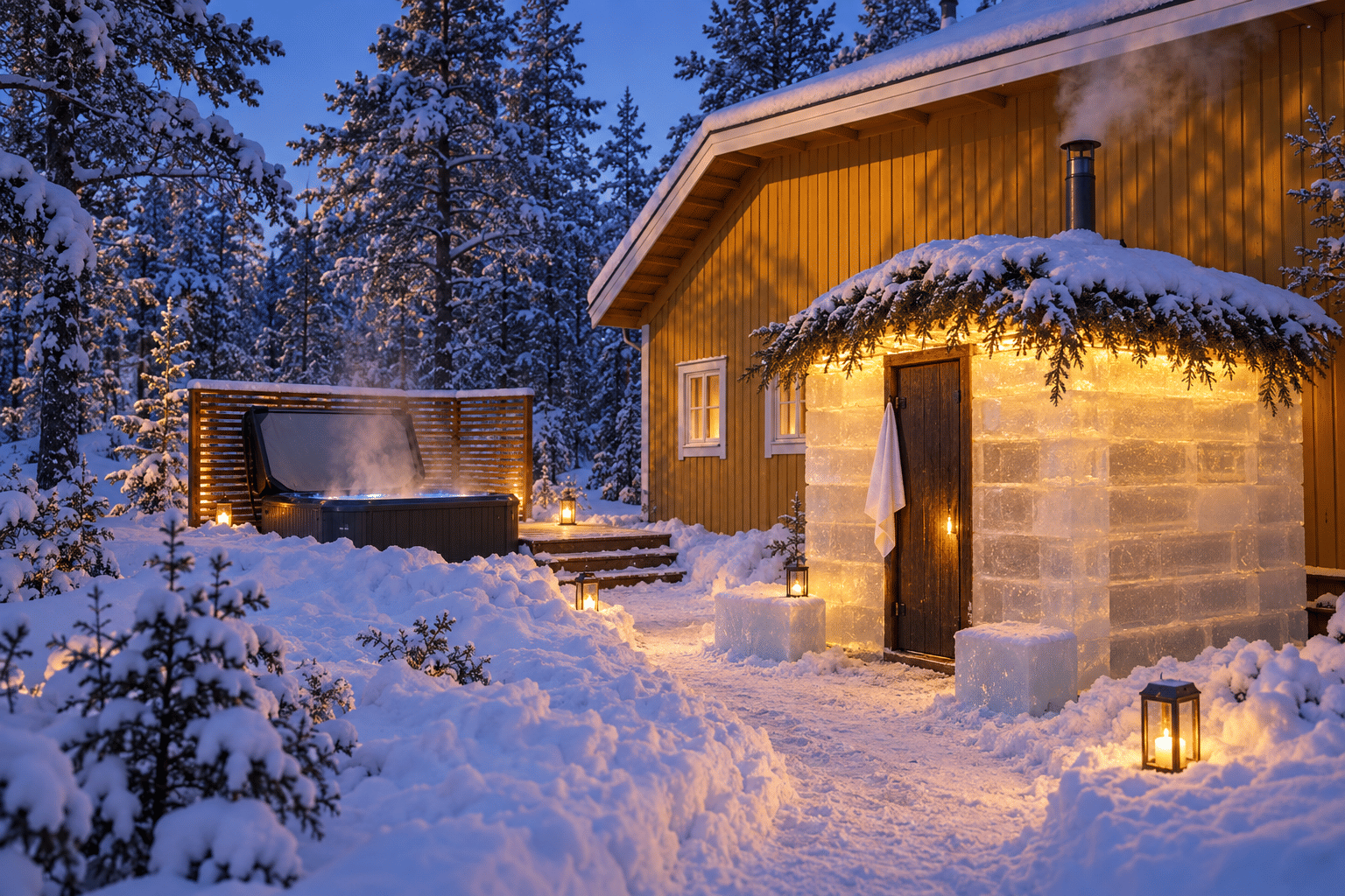 Private ice sauna, traditional wood sauna and outdoor hot tub in a snowy forest near Levi, Finnish Lapland