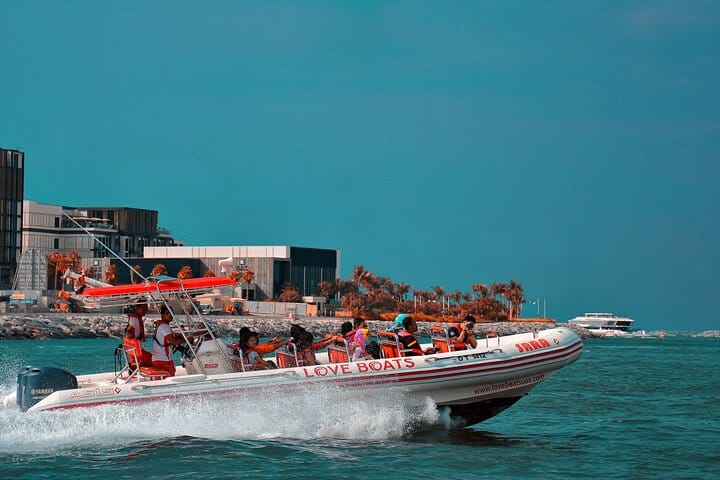 Experience Dubai's modern waterfront! Zoom past the luxurious new coastal developments and get stunning sea views on your Dubai Speedboat: Marina, JBR &amp; Ain Dubai Skyline Cruise!