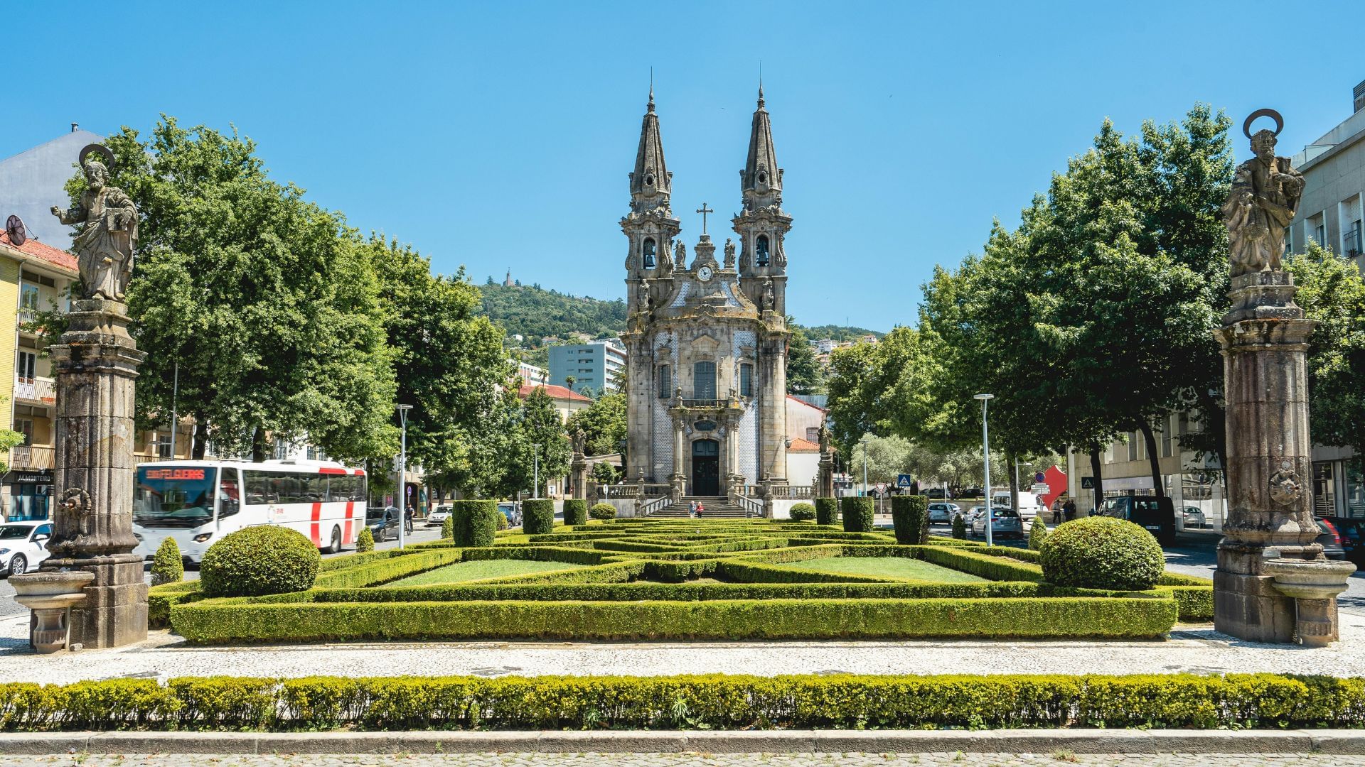 Image of Largo Da Republica do Brasil Garden and the church of Nossa Senhora da Consolação in Guimarães, part of Guimaraes Tour