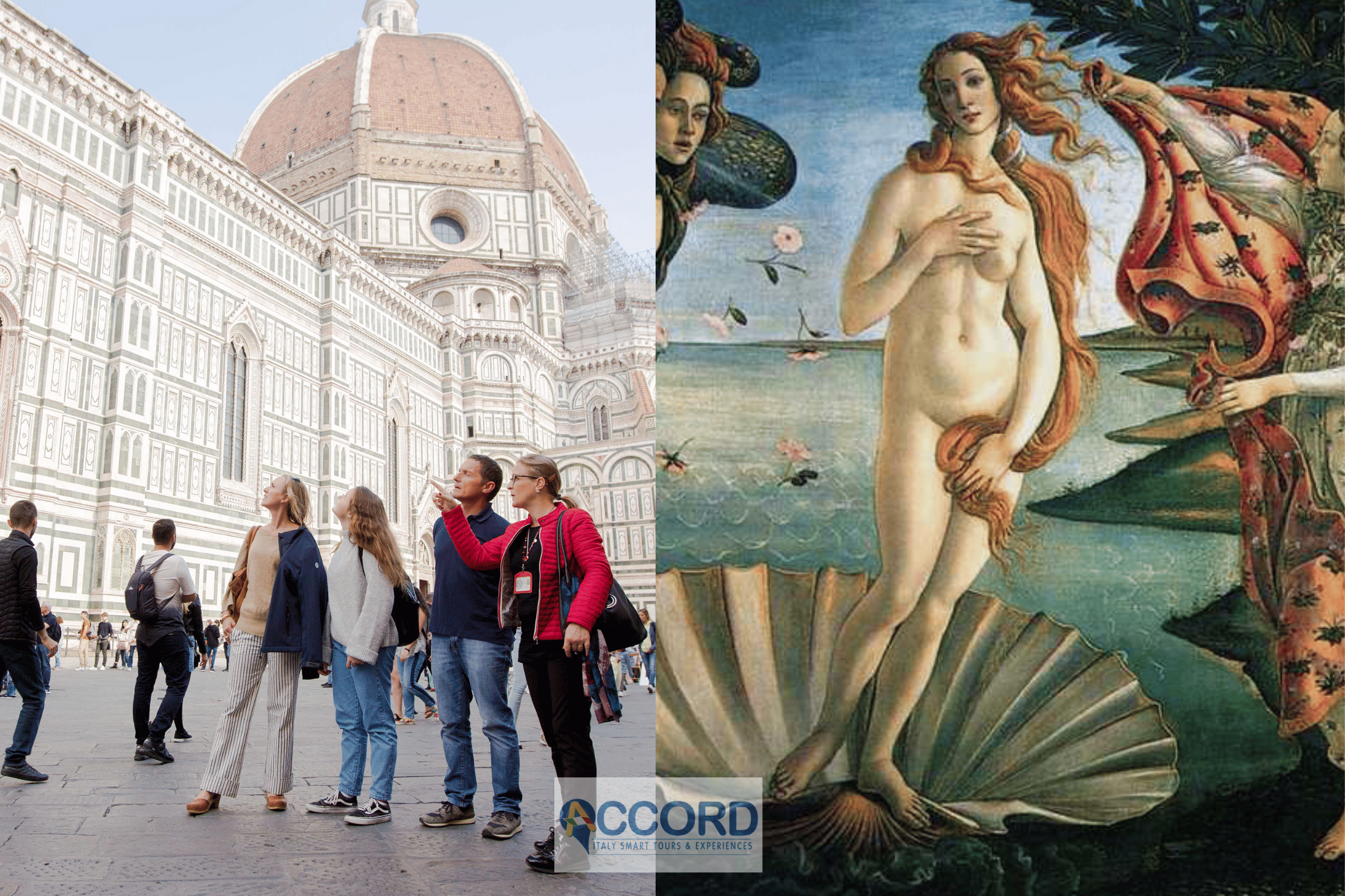 On the left the Duomo Square with Brunelleschi's Dome in the background; on the right the Birth of Venus by Botticelli