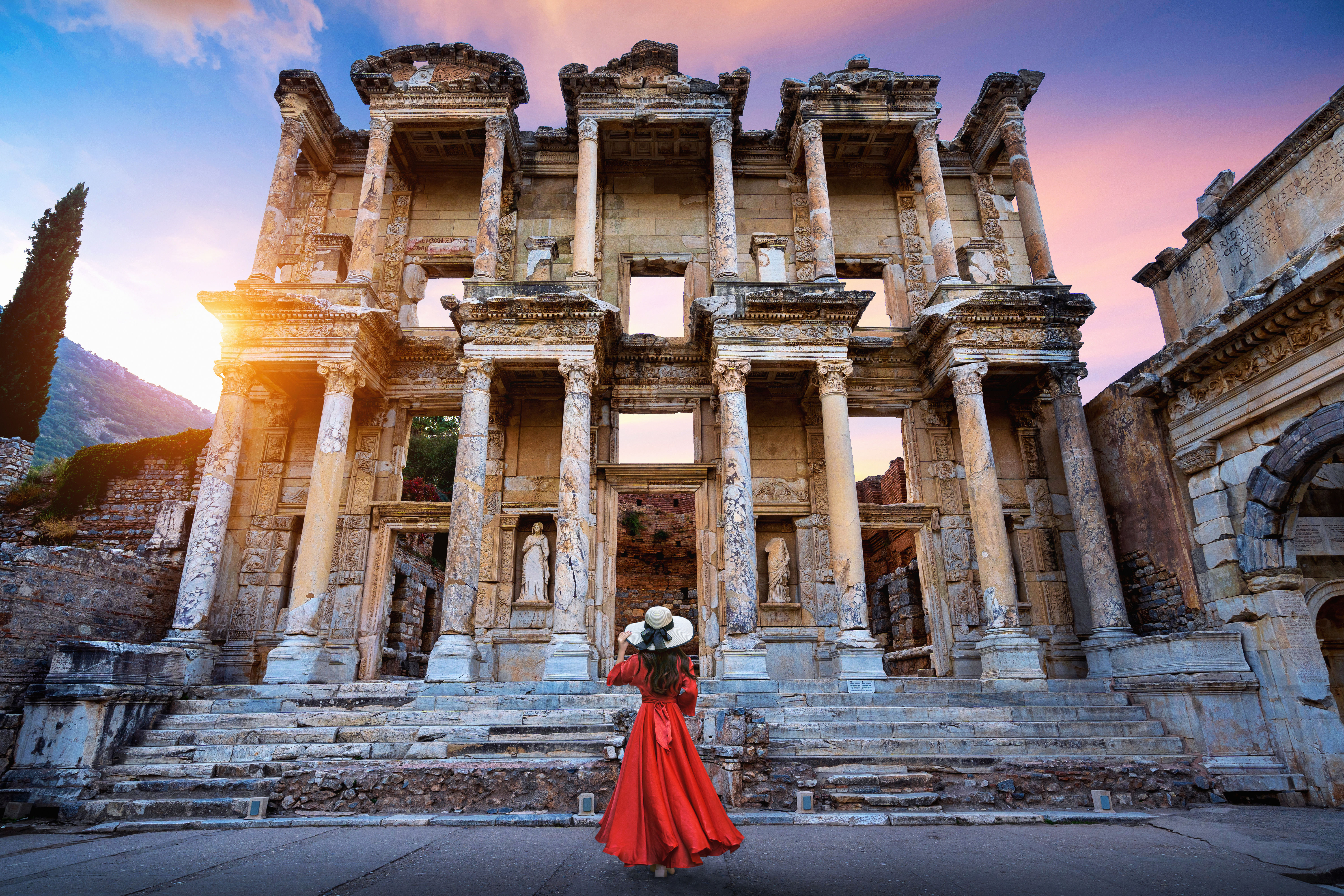“Front view of the ancient Celsius Library ruins at Ephesus, showing its tall columns and detailed stone facade.”