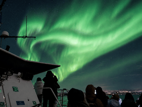Guests watching bright green Northern Lights from a boat off the coast of Reykjavík.