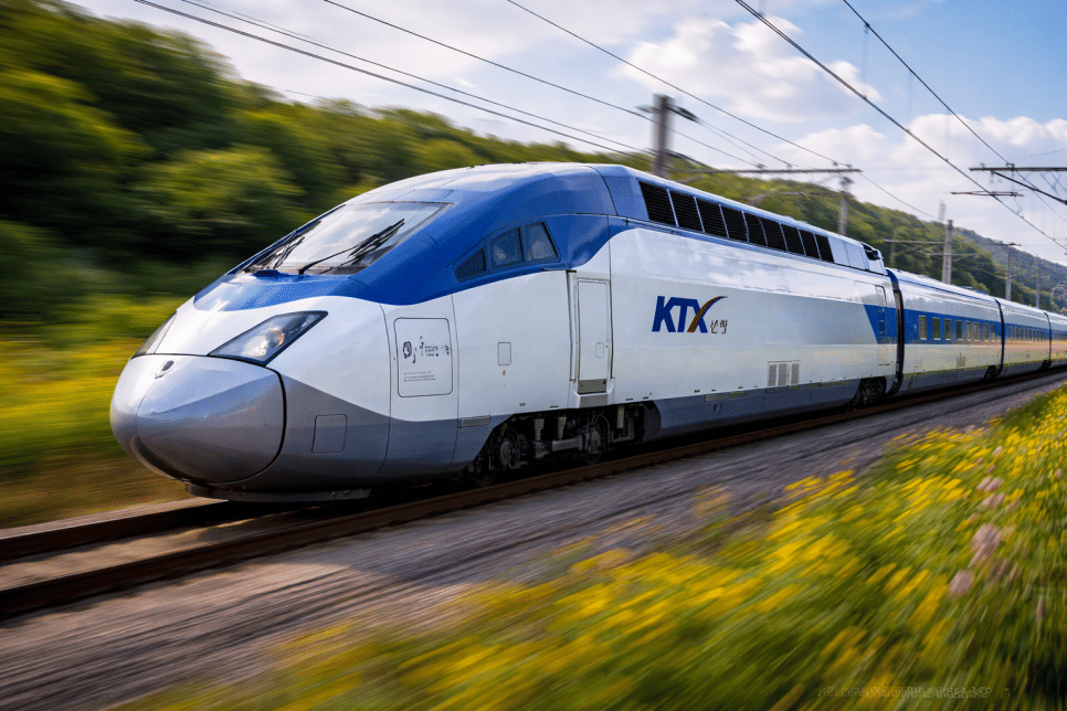A KTX high-speed train speeds past green fields on a day trip route between Seoul and Busan, South Korea.