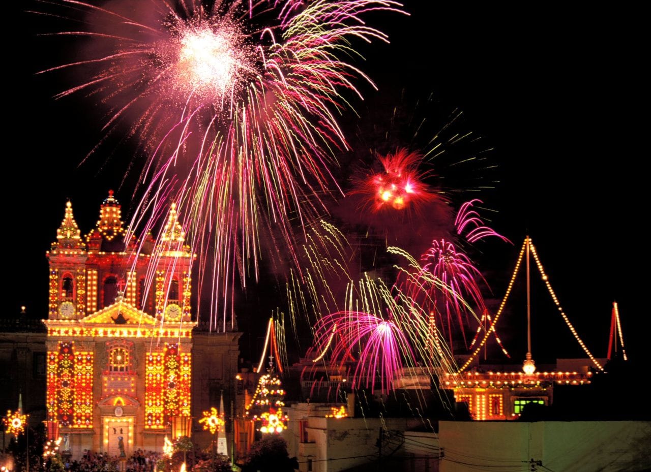 Lights,decorations and fireworks display during a Maltese village festa