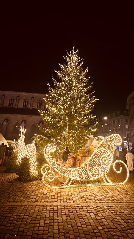 A árvore dourada com o trenó iluminado, em Zurique.