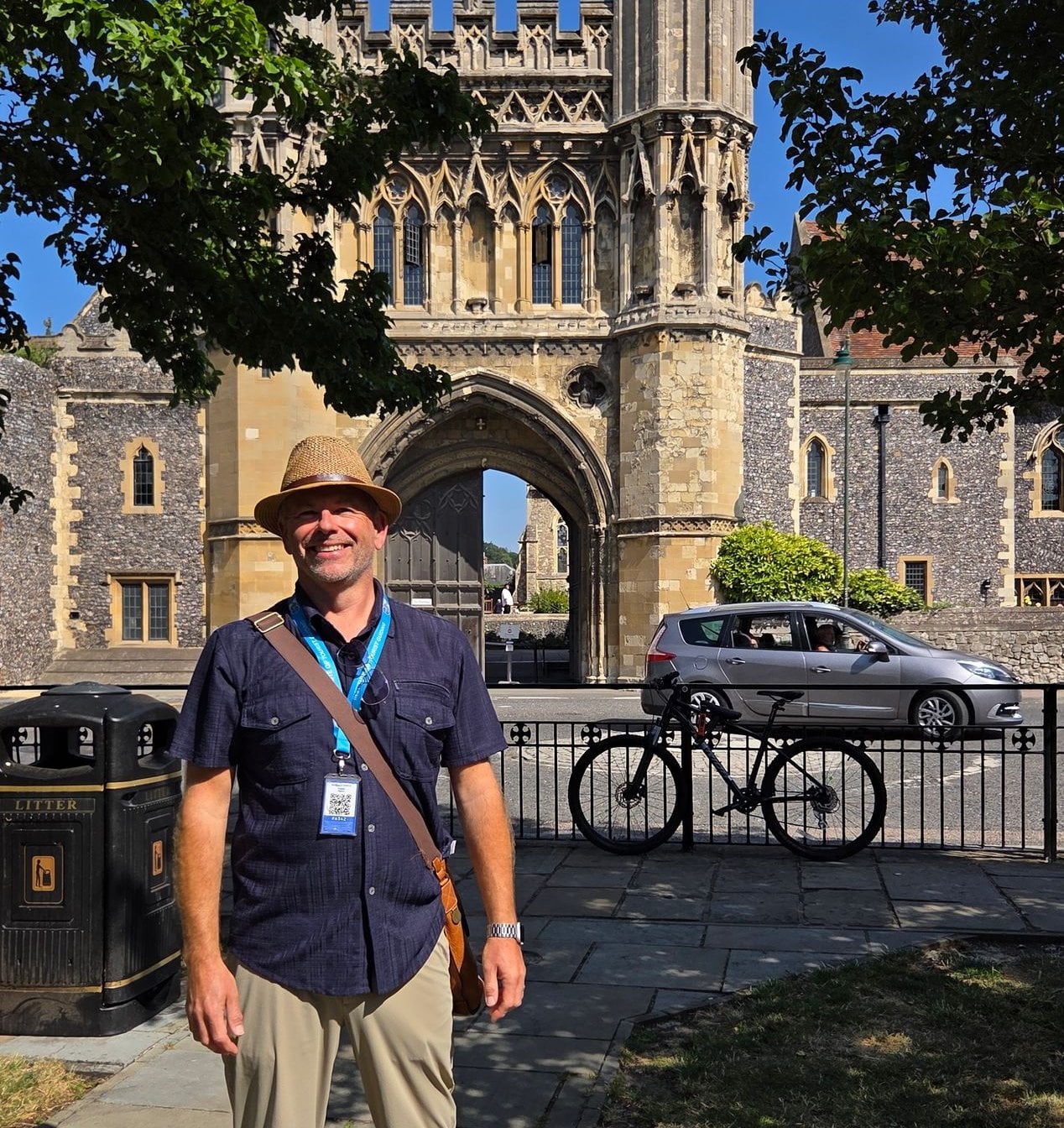 Paul Mercier-Herring, Blue Badge guide, in front of St Augustine's Abbey gate in Canterbury