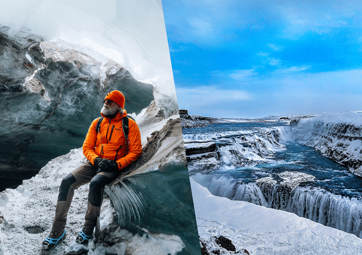 Natural "Neptune" ice cave & Gullfoss waterfall