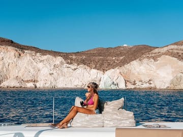 Santorini Luxury Catamaran Cruise, with Lunch, BBQ, drinks and transfers