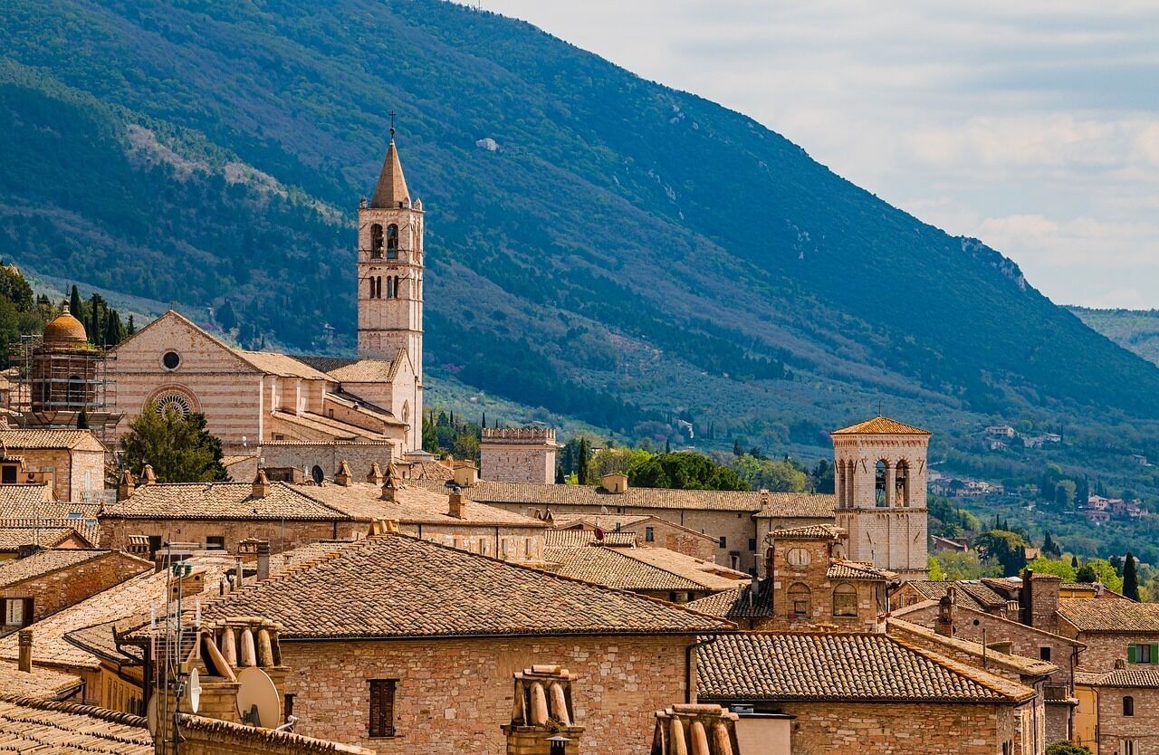 View of Assisi's landscape with its antique buildings and church