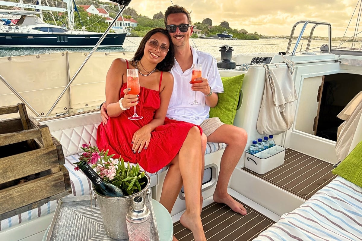 couple enjoying relaxing on sailing yacht galaxie