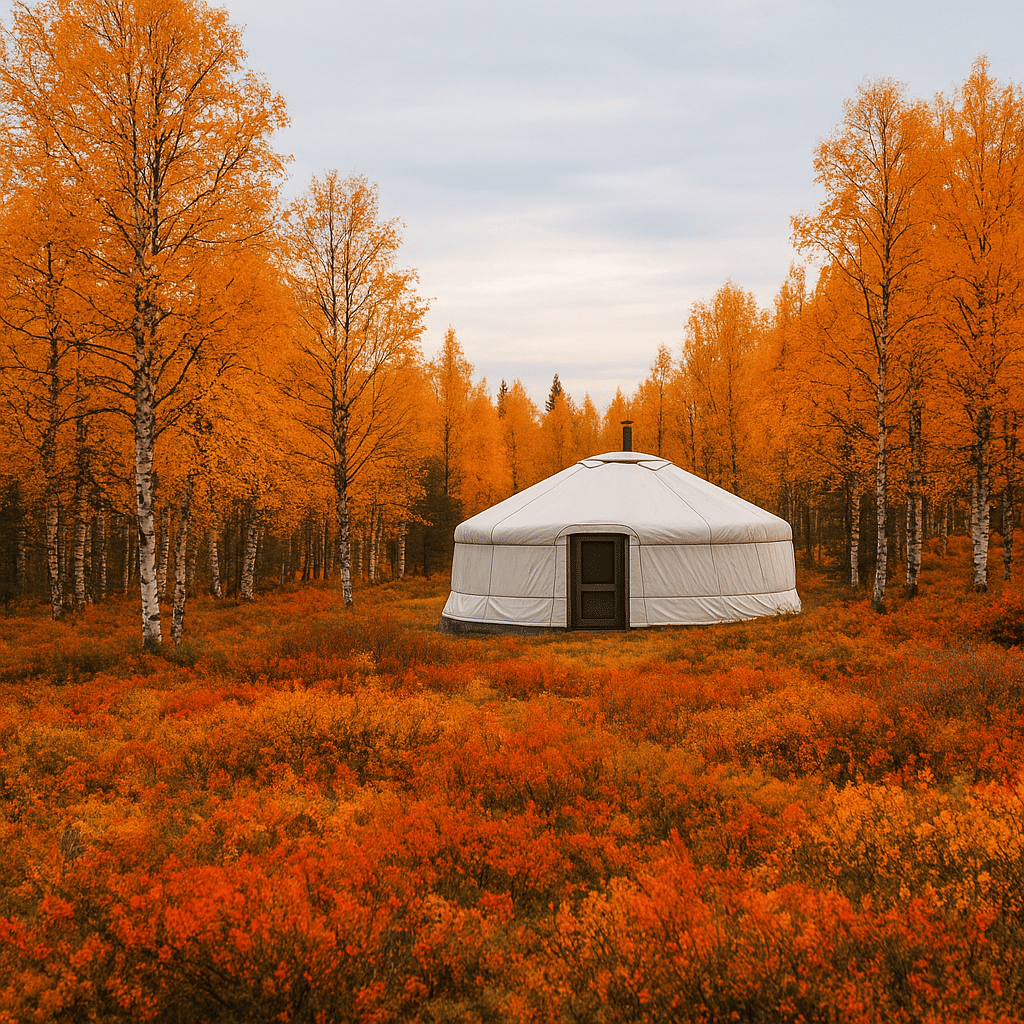 A white round yurt surrounded by golden and red autumn foliage in a Lappish forest