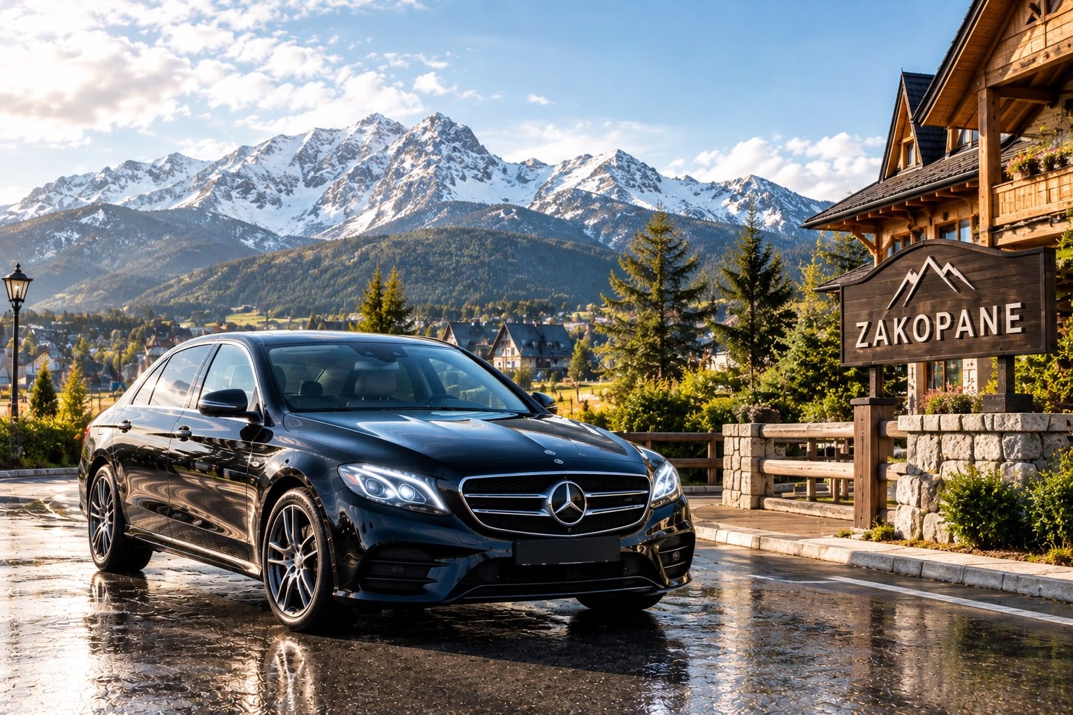Luxury transfer to Zakopane, black Mercedes sedan with the Tatra Mountains in the background