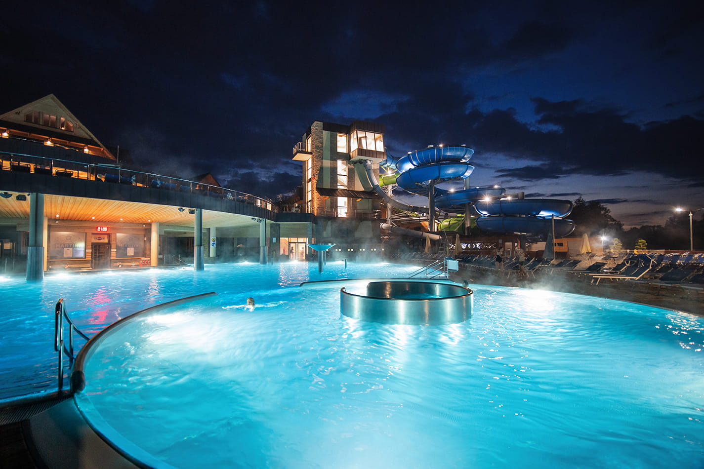 Chochołów Thermal Baths outdoor thermal pools at night — water slides and mineral pools Podhale