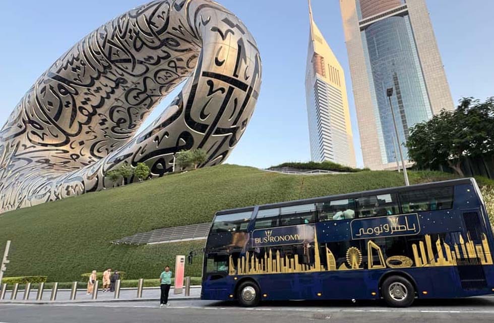 Dubai: Bustronomy Gourmet Brunch, Afternoon Tea, or Dinner on a Luxury Glass-Roof Bus!
