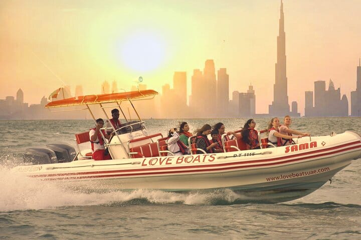 Experience the Burj Khalifa at golden hour! Get the most breathtaking views of the incredible Dubai skyline and sail toward Atlantis on the Dubai Speedboat: Iconic Marina to Atlantis Adventure Ride!