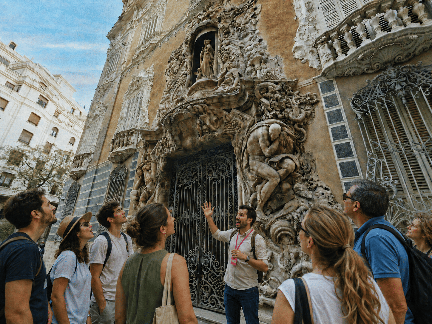 Tour guide explaining the ornate facade of the Marqués de Dos Aguas Palace to visitors during a walking tour in Valencia, Spain