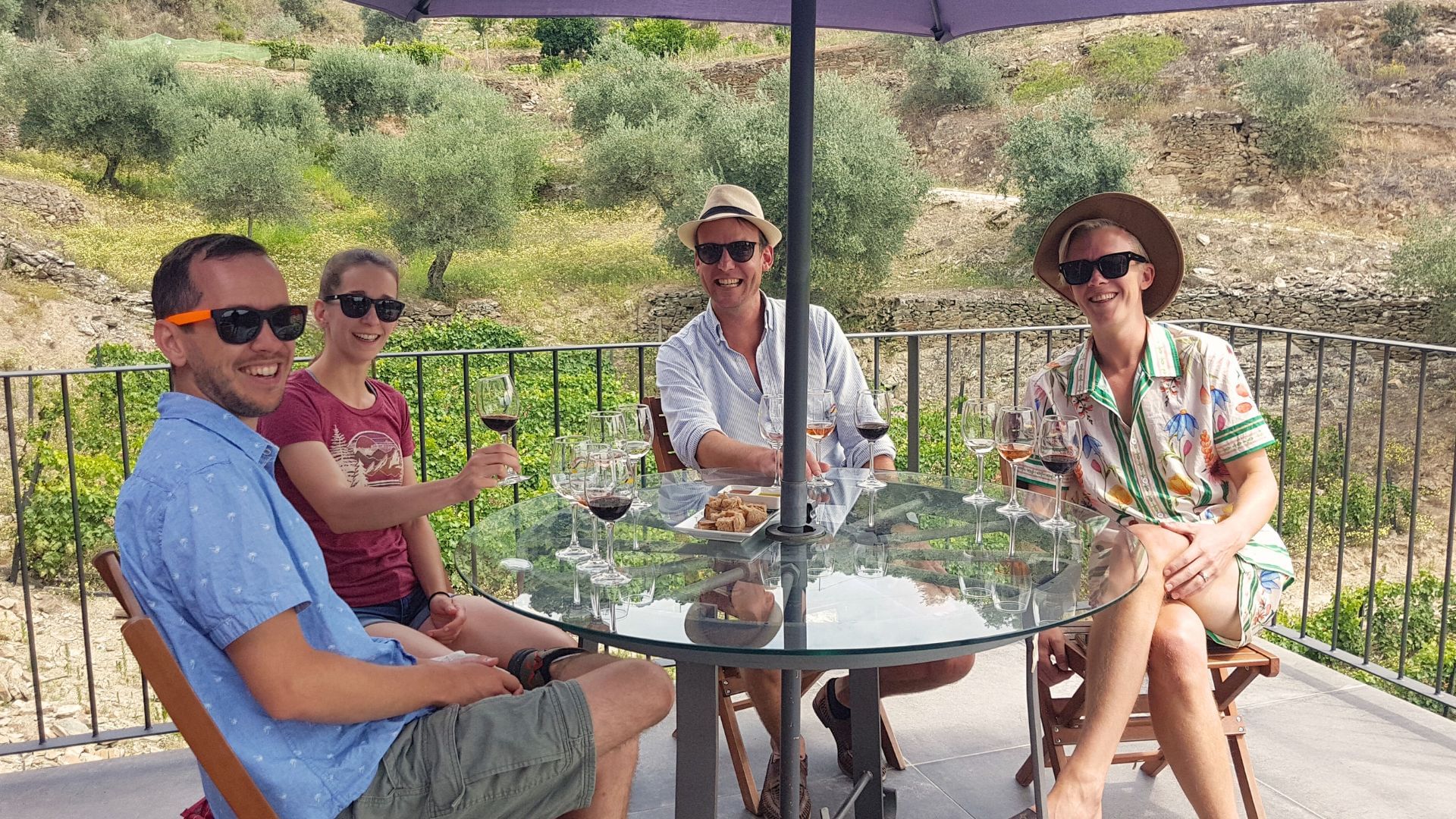 Image of a group of guests enjoying a Douro Wine Tasting on a terrace on Cooltour Oporto's Douro Valley Wine Tour from Porto