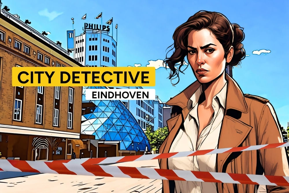 The introduction cover photo of the Eindhoven Scavenger Hunt City Detective by Qugato. Game character Camila introduces herself.
