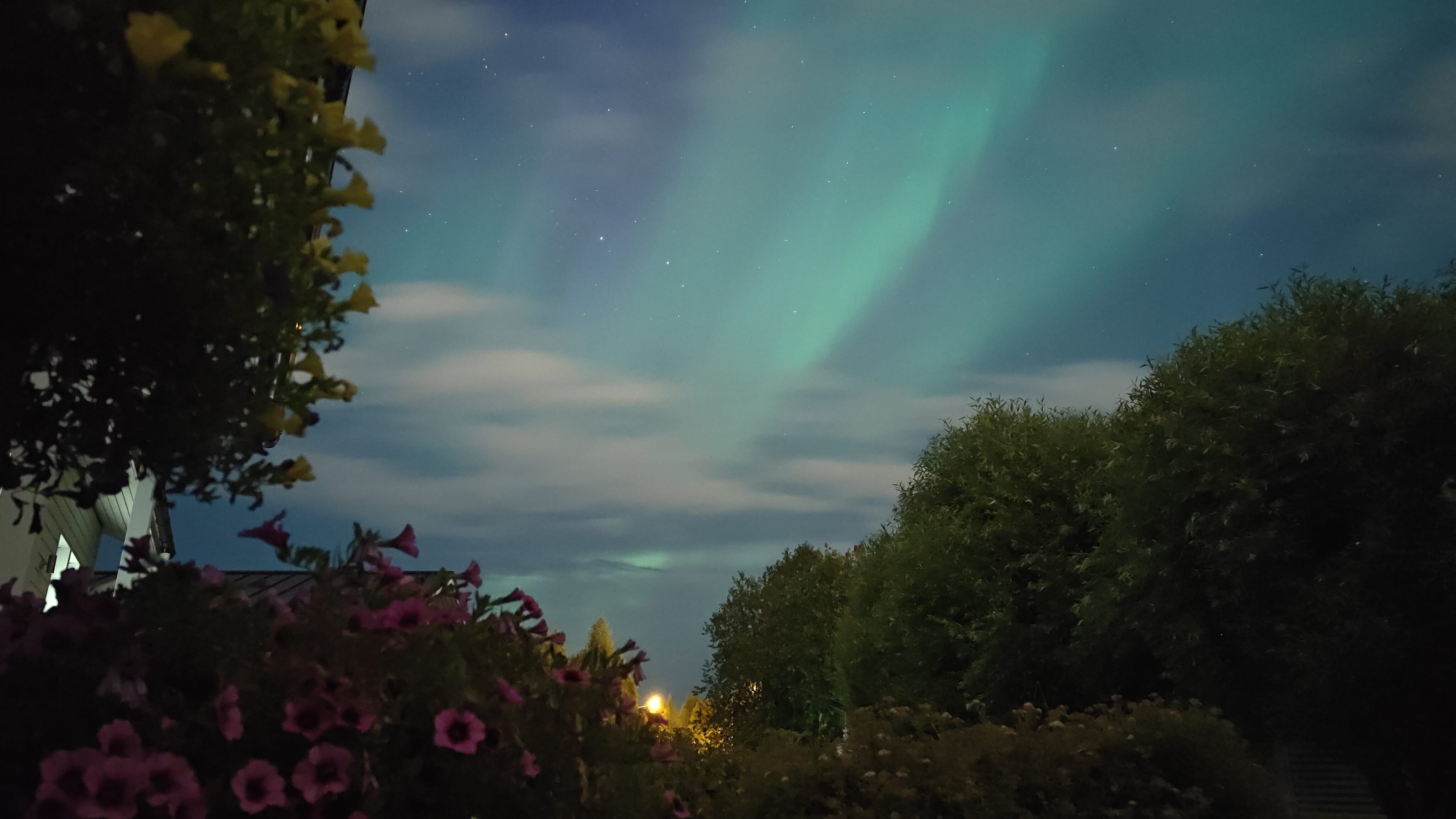 Subtle Northern Lights appearing in the early‑autumn sky.