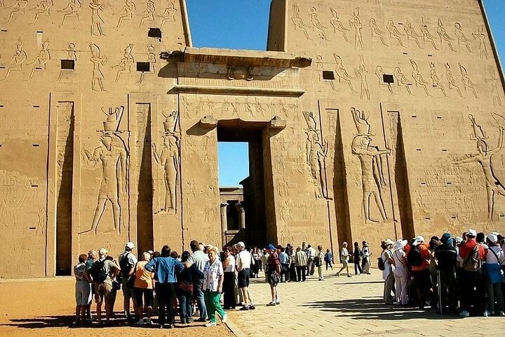 Edfu Temple ancient Egyptian carvings during a private Luxor to Aswan tour by White Angels Travel Egypt