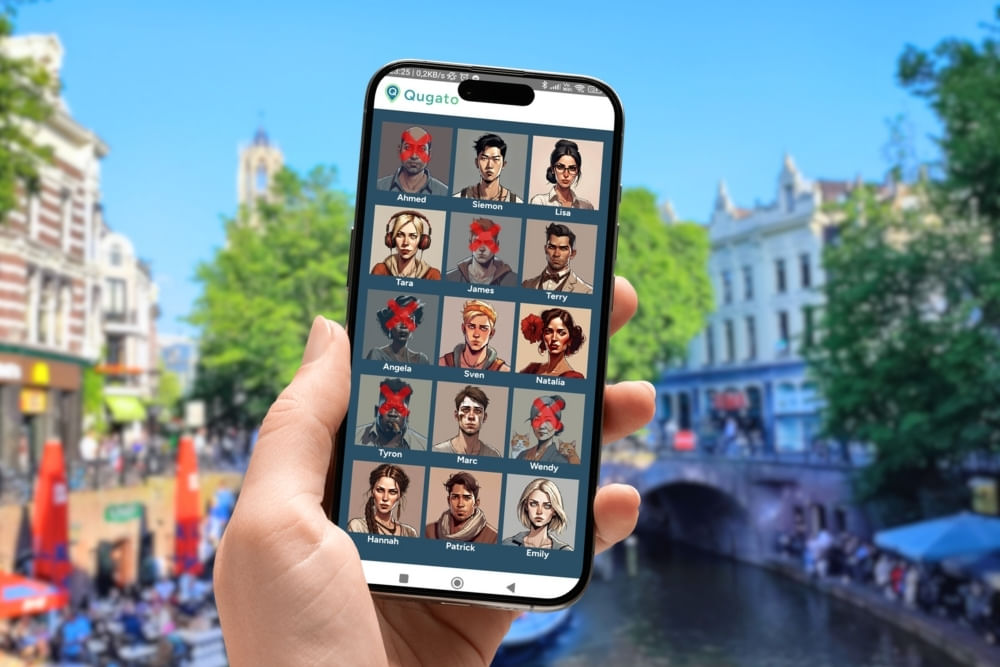 Phone with screenshot of Qugato app interface with suspect board. In the background is a photo of the Dom tower.