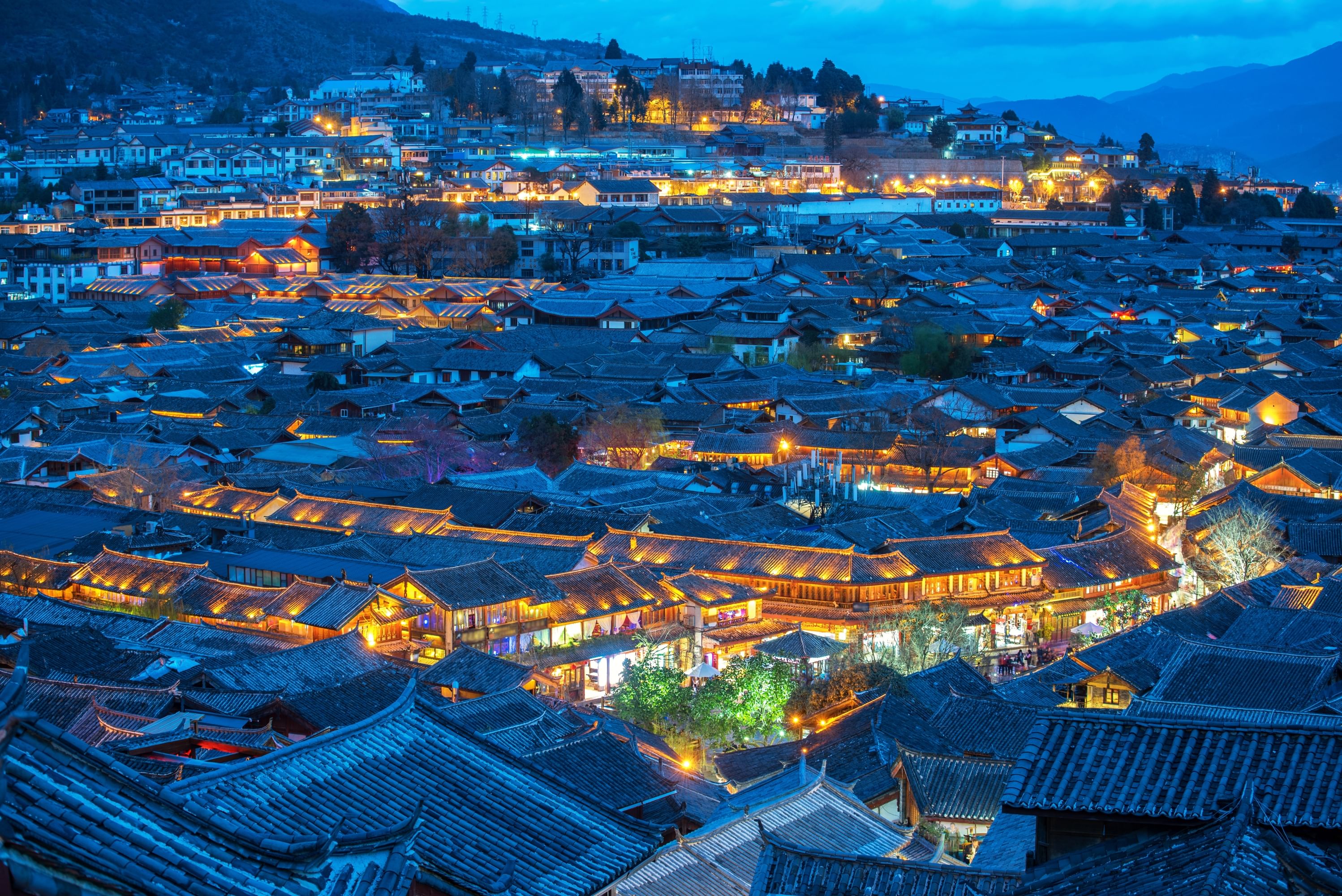 The ancient city is lit up at night