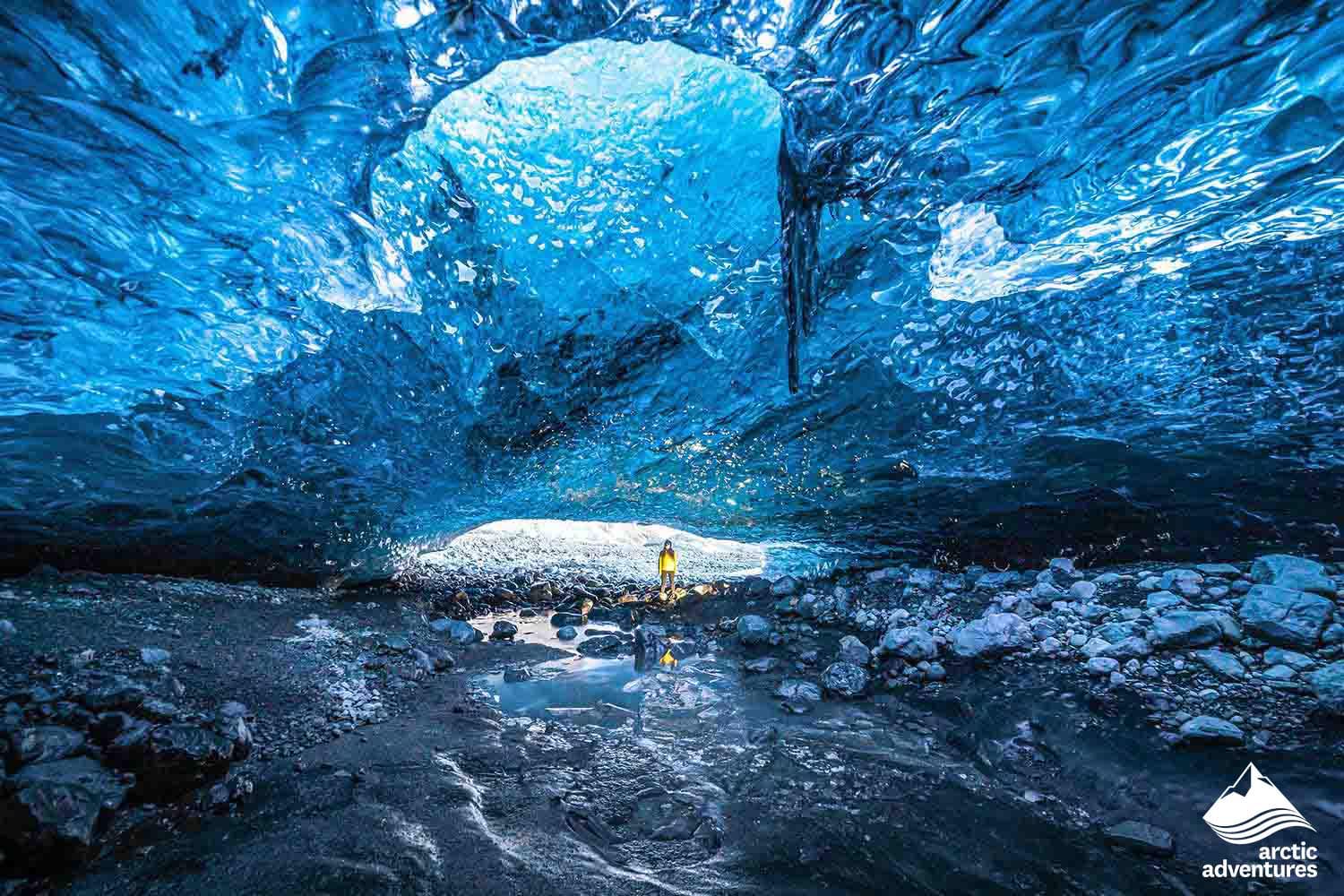 Crystal blue ice cave during 4 day tour Iceland