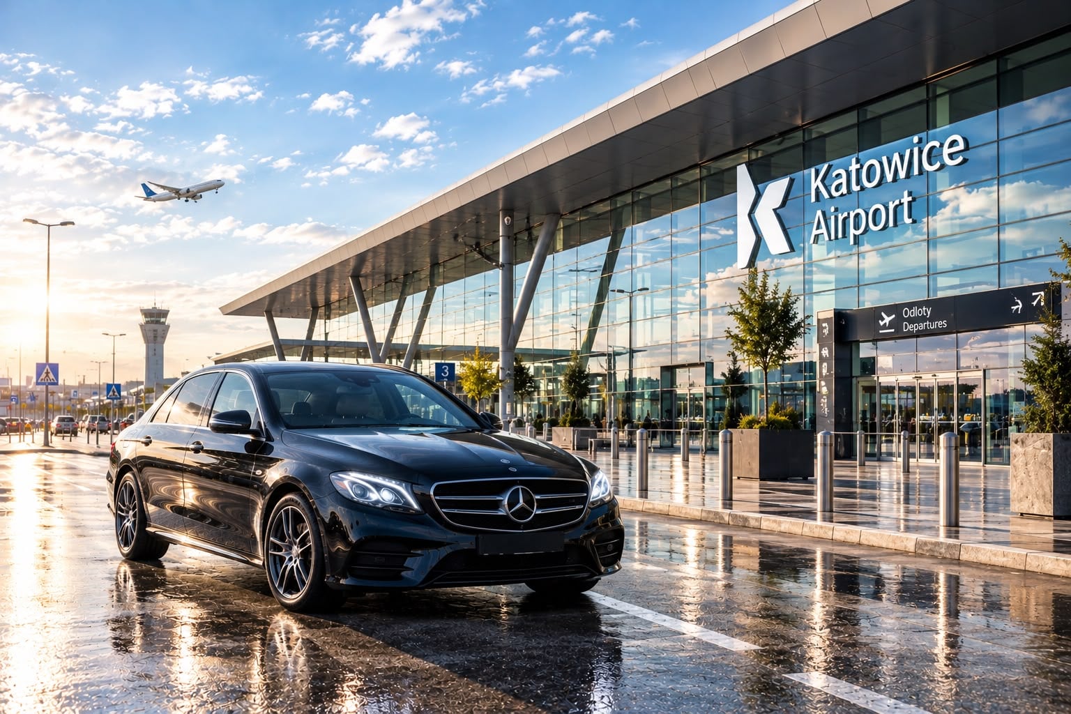 Luxury airport transfer Katowice, black Mercedes sedan outside Katowice Airport terminal