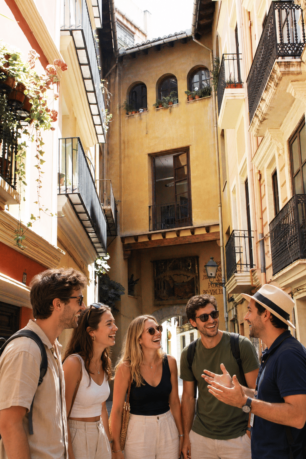 Small group smiling with a guide in the historic Portal de la Valldigna alley in Valencia’s old town