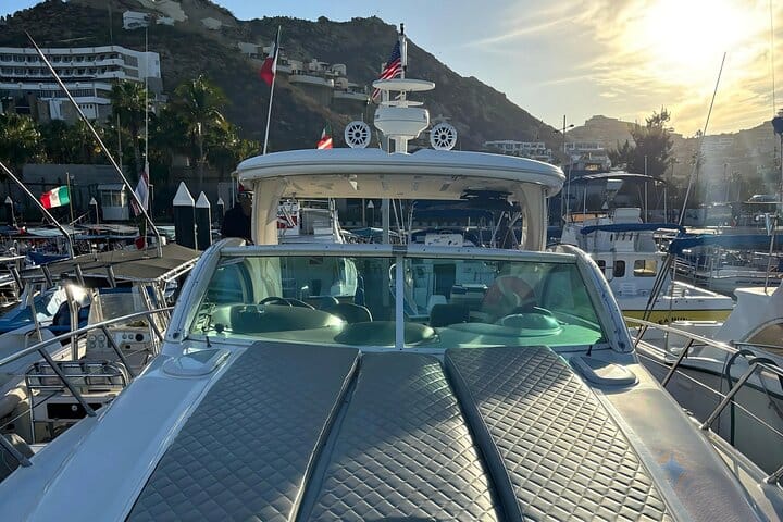 Prepare for a luxurious cruise as your private yacht awaits you in the Cabo marina.
