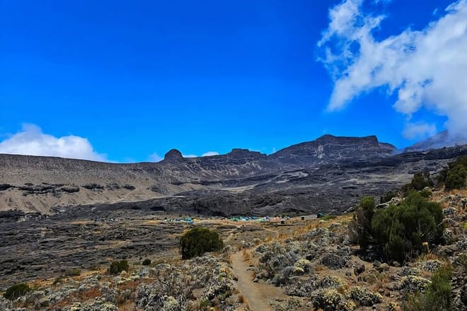 ​A narrow dirt path winding through rocky terrain and shrubs toward a distant volcanic mountain ridge under a bright blue sky .