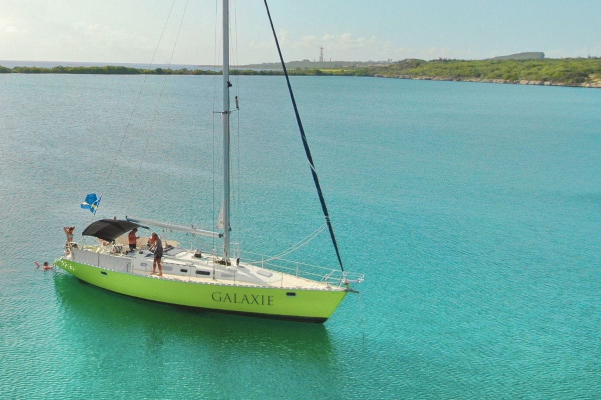 Sailing yacht Galaxie anchored at beautiful Fuik Bay in Curacao