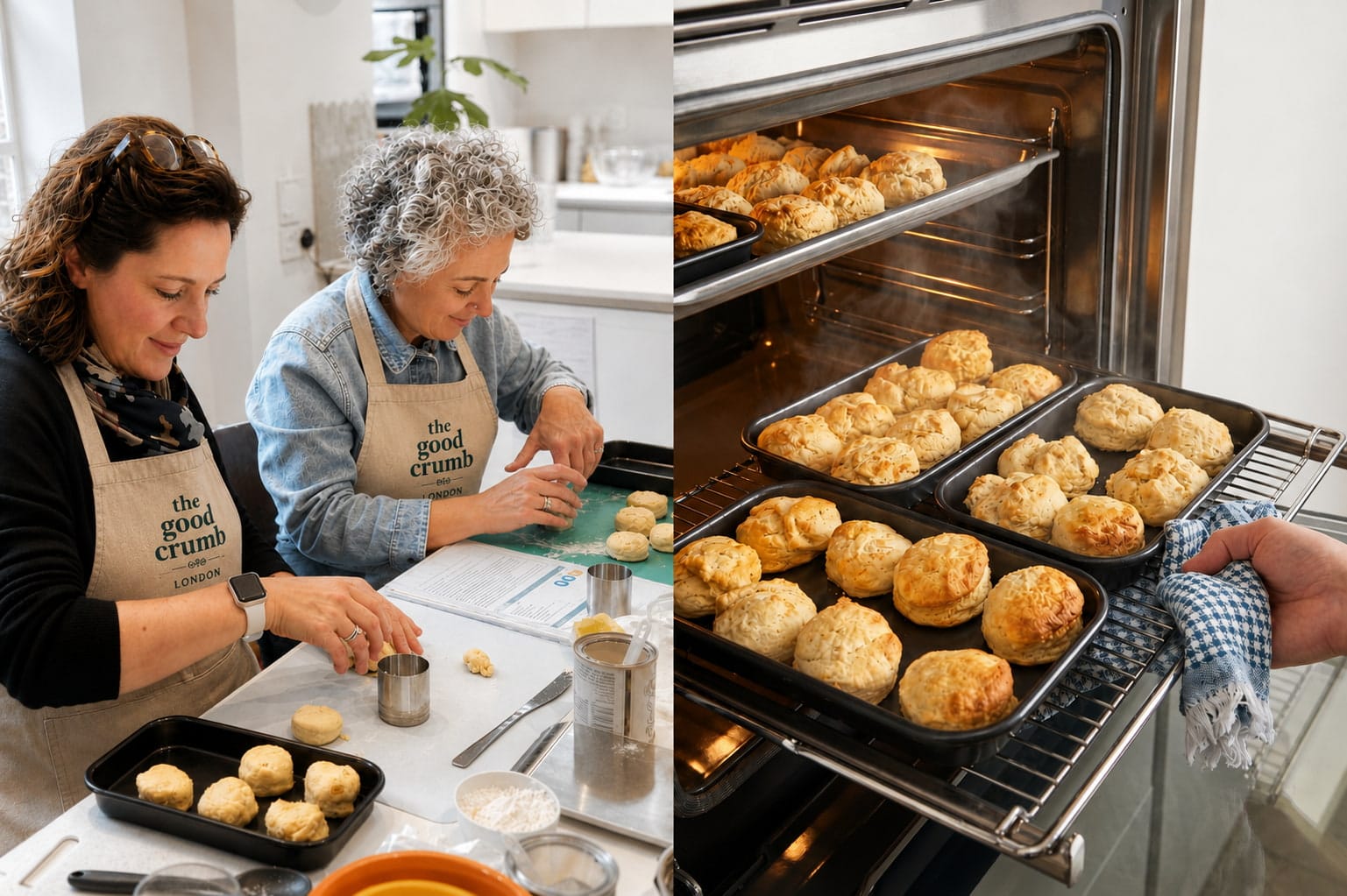 Two images together showing scone making: 1) Two ladies cutting out scones ready to go in the oven 2) Cooked scones coming out the oven