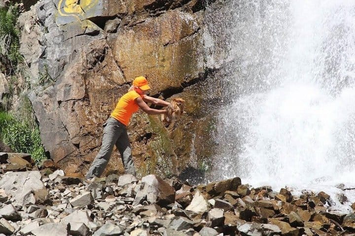 Forest trail and waterfall scenery in Turgen Gorge during a guided tour from Almaty.