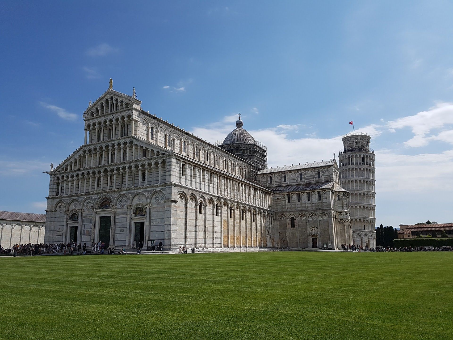View of Piazza dei Miracoli in Pisa with the Cathedral and the Leaning Tower