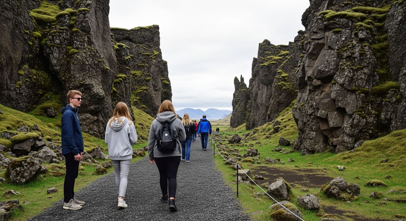 A path winds through a dramatic rock gorge at Þingvellir National Park, showcasing the divide between tectonic plates.