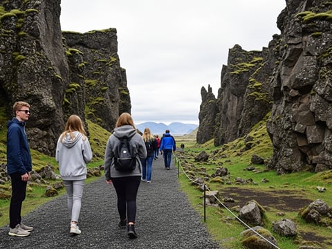 A path winds through a dramatic rock gorge at Þingvellir National Park, showcasing the divide between tectonic plates.