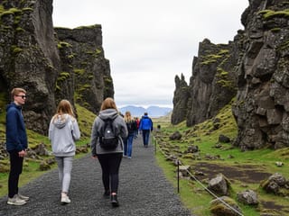 A path winds through a dramatic rock gorge at Þingvellir National Park, showcasing the divide between tectonic plates.